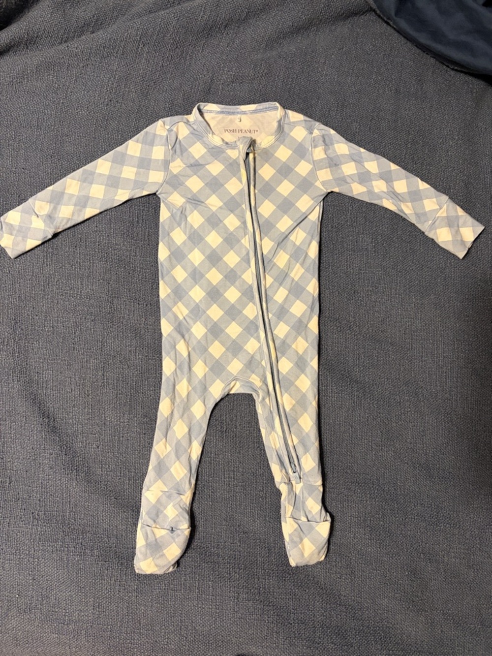 Posh Peanut Blue and Cream Gingham Zip Footed One-Piece Romper